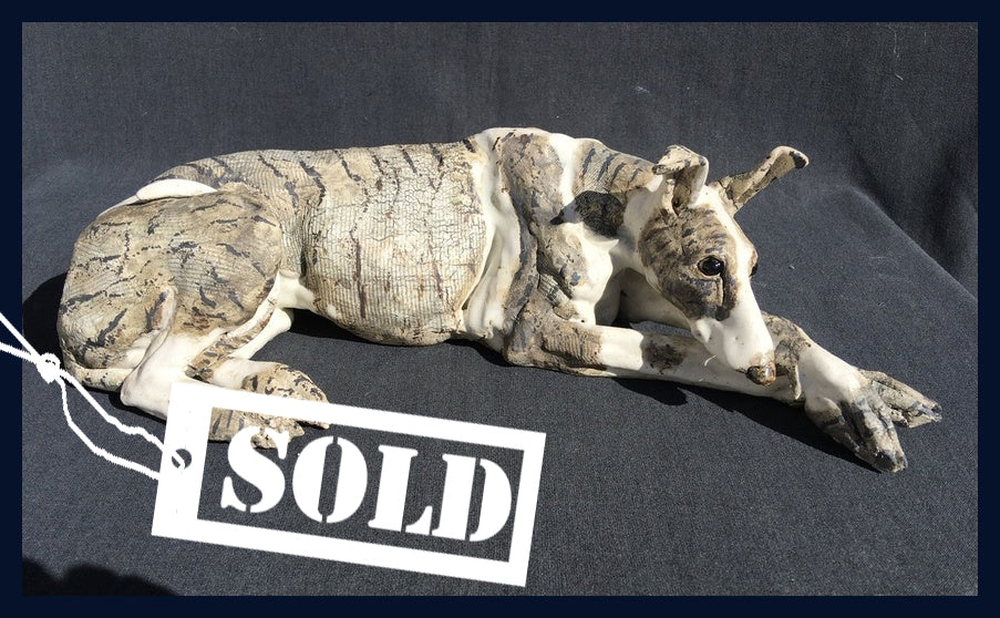 SOLD Lying Down Lurcher: Stoneware Sculpture by Elaine Peto