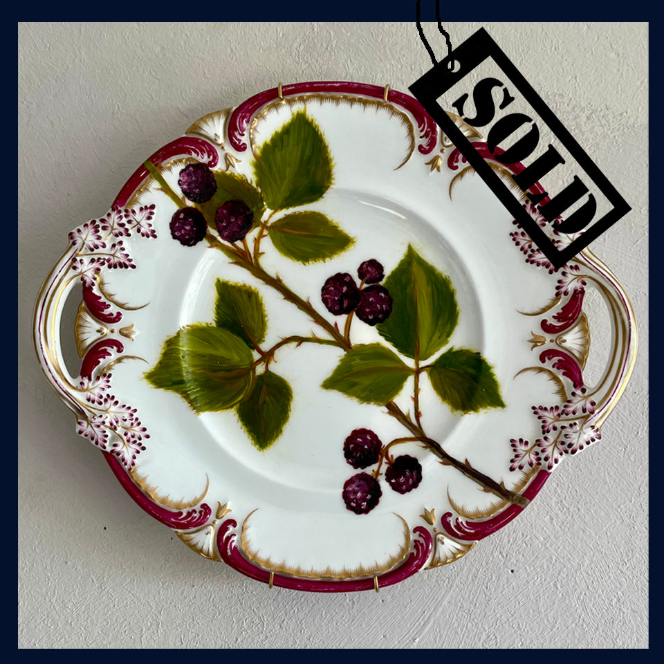 SOLD Plated: original fine art oil painting on a vintage cake plate - blackberry spray 2