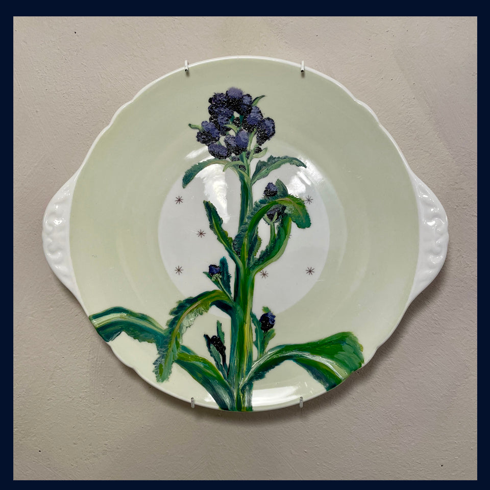 Plated: original fine art oil painting on a vintage plate - purple sprouting broccoli