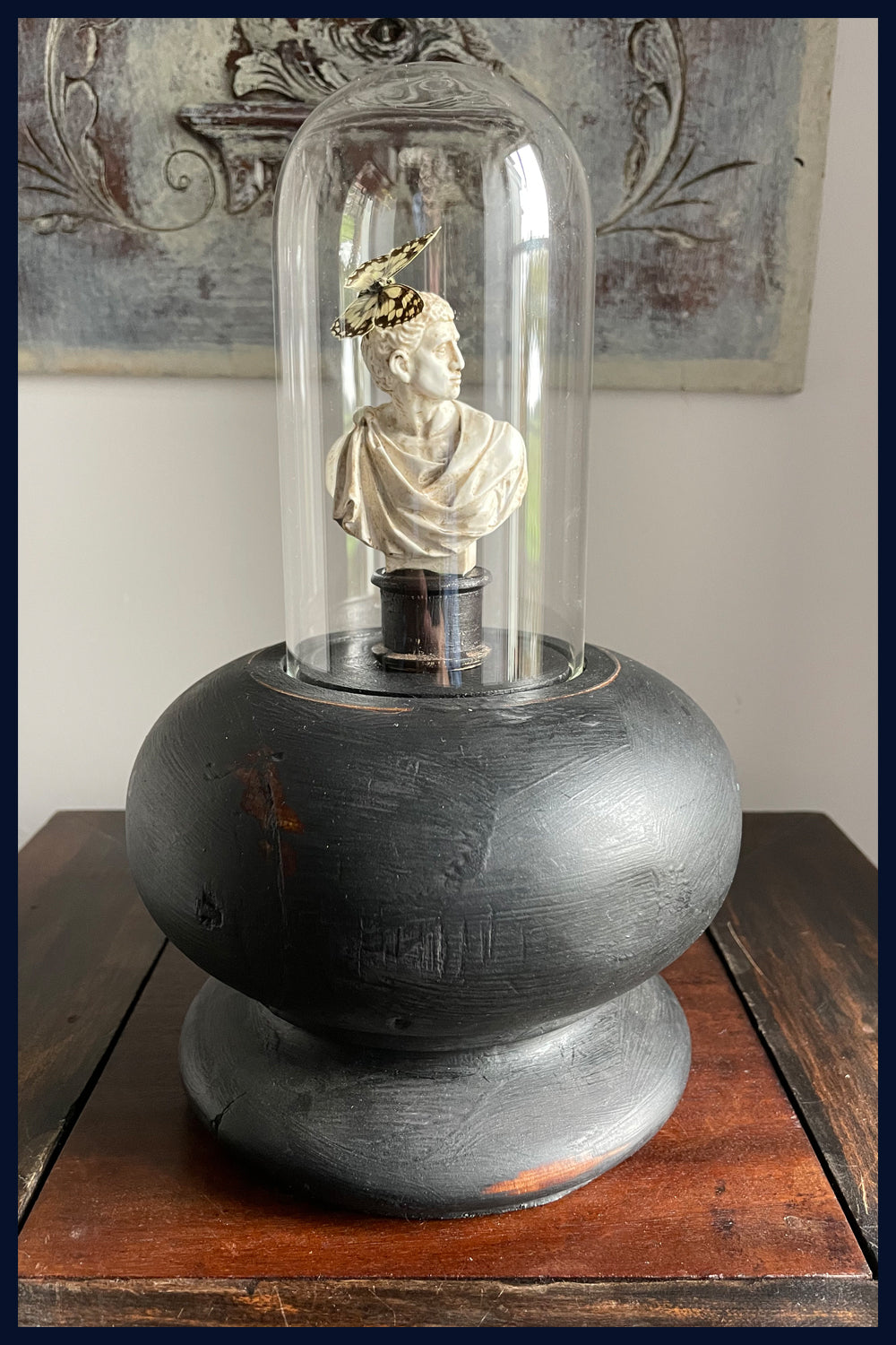 Enigma Variations Collection: Caesar Statue with a Vintage Butterfly in a Glass Display Dome