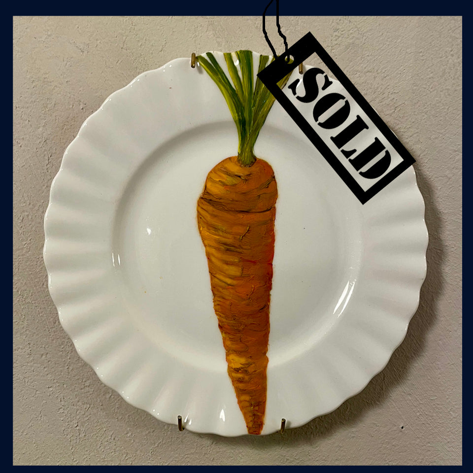 SOLD Plated: original fine art oil painting on a vintage tea plate - carrot