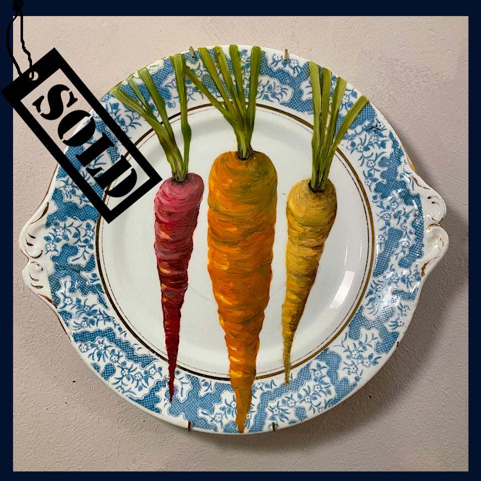 SOLD - Plated: original fine art oil painting on an antique cake plate -  3 rainbow carrots