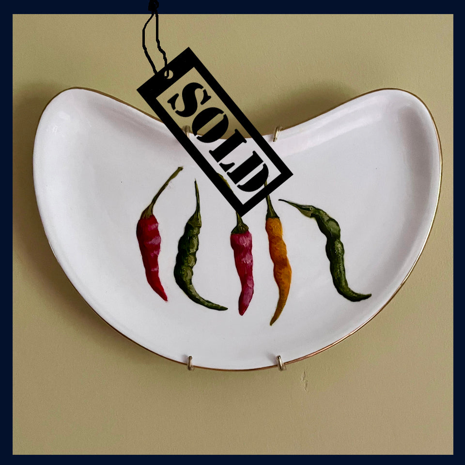 Plated: original fine art oil painting on a vintage side plate - 5 chillies
