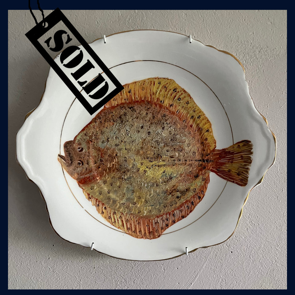 SOLD Plated: original fine art oil painting on a vintage cake plate - plaice 4