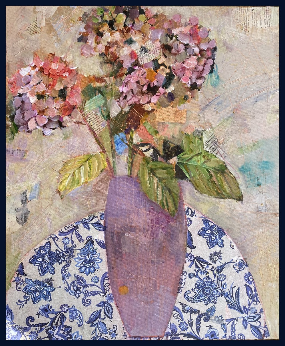 Hydrangea on Patterned Cloth Exuberant Painting by Sally Anne Fitter