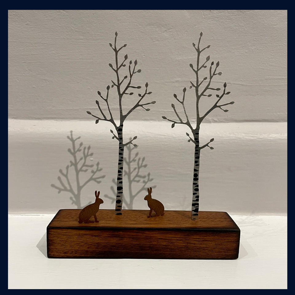 Miniature Silver Birch and Hares: Metal & Wood Sculpture by David Mayne