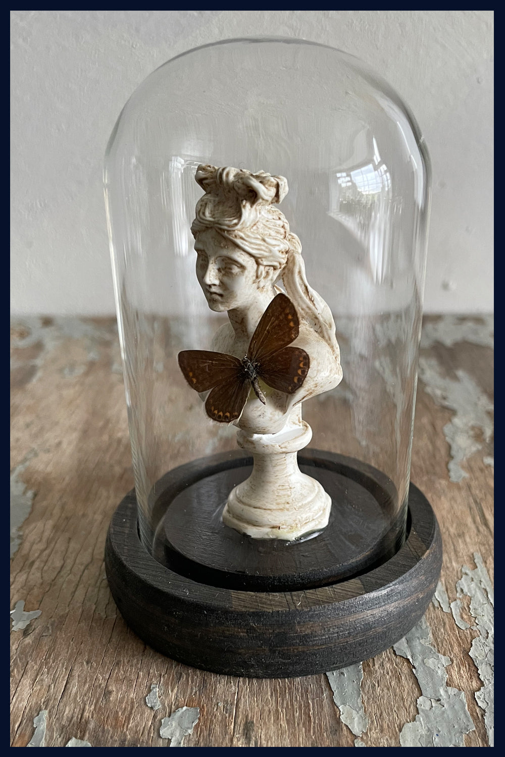 Enigma Variations Collection: Ancient Rome Miniature Maiden Statue with a Vintage Butterfly in a Glass Display Dome