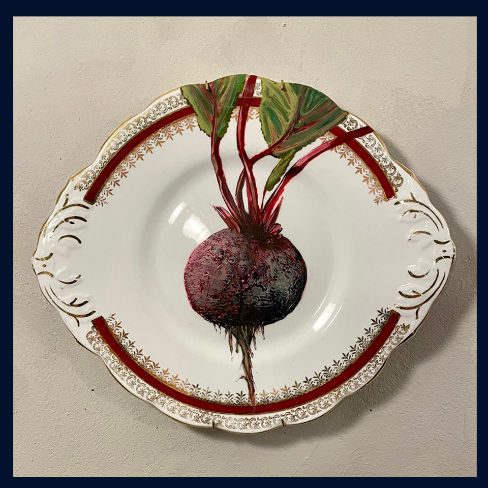 Plated: original fine art oil painting on a vintage cake plate - beetroot 9