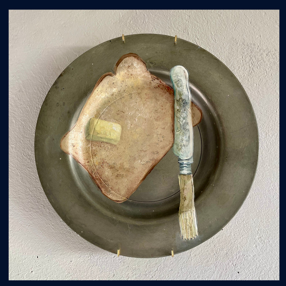 Plated: original fine art oil painting on an antique pewter plate - antique butter knife, bread & butter