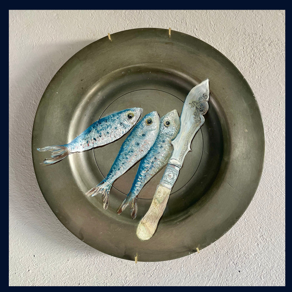 Plated: original fine art oil painting on an antique pewter plate - antique fish knife & 3 sardines