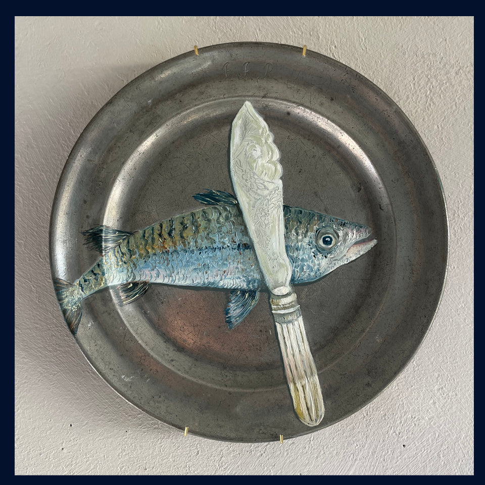 Plated: original fine art oil painting on an antique pewter plate - antique fish knife & mackerel