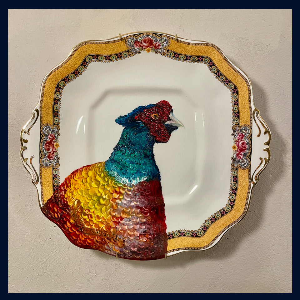 Plated: original fine art oil painting on a vintage Taylor & Kent cake plate - pheasant 5