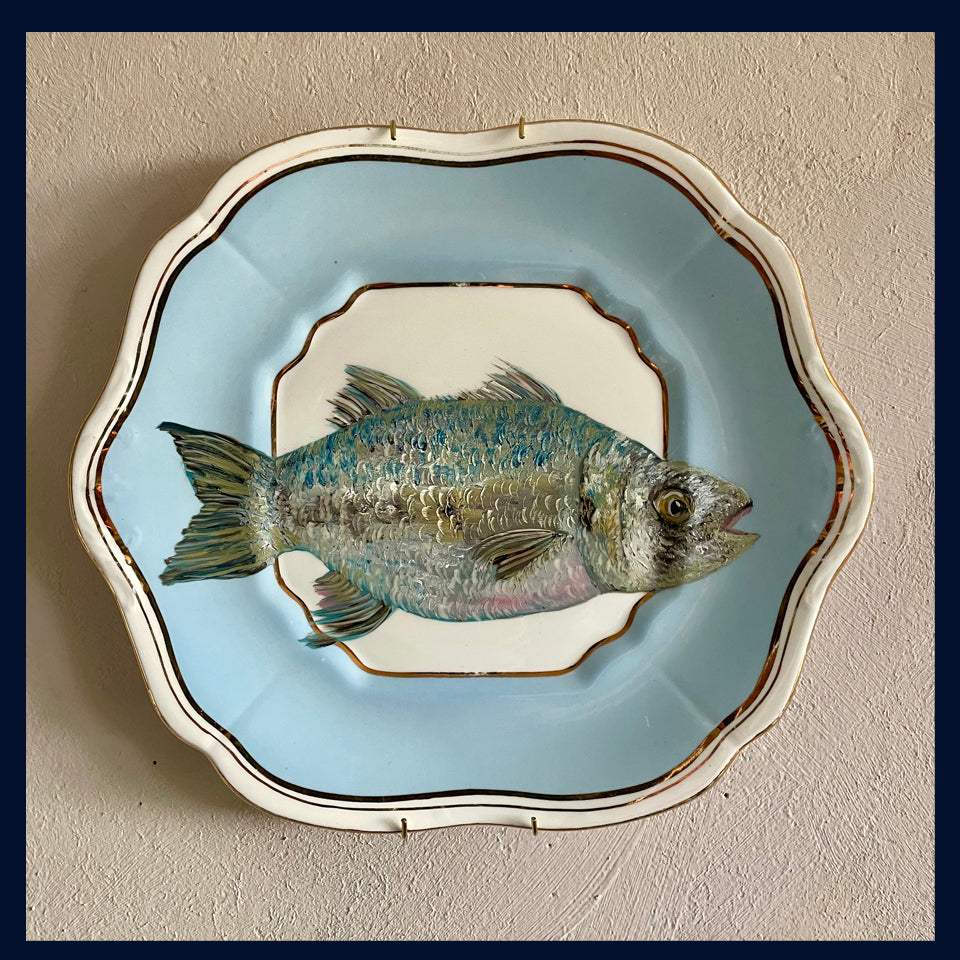 Plated: original fine art oil painting on an antique cake plate - sea bass