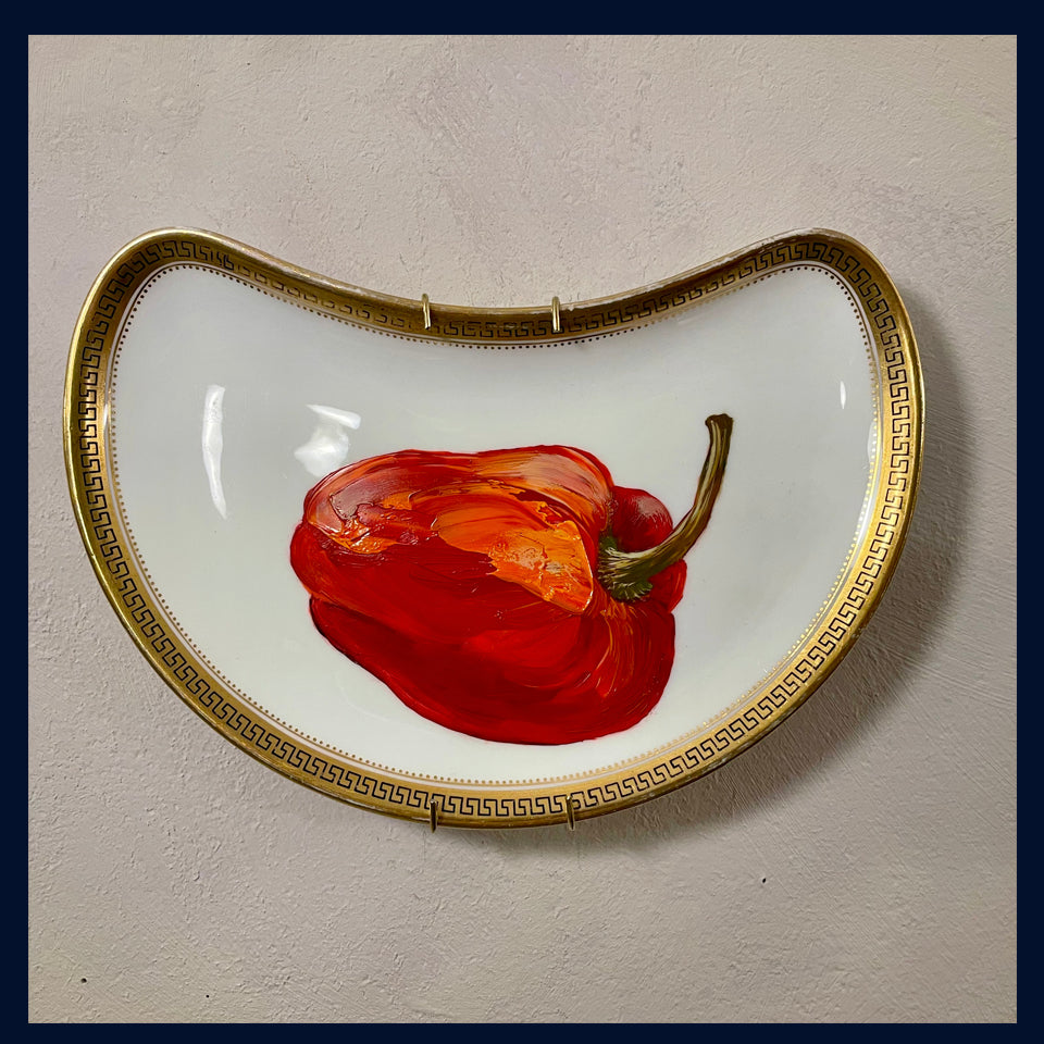 Plated: original fine art oil painting on a vintage side plate - red pepper