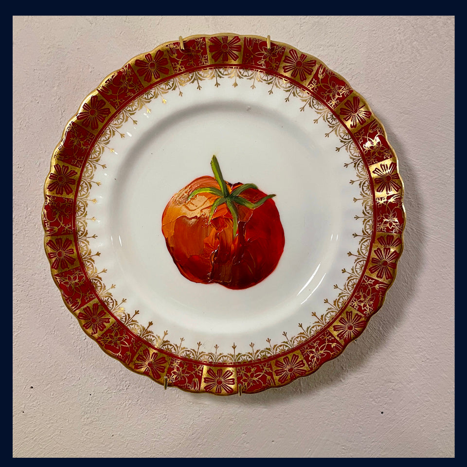 Plated: original fine art oil painting on a vintage tea plate - tomato