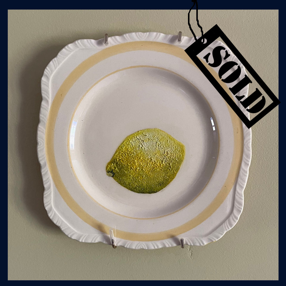 SOLD Plated: original fine art oil painting on a 1930s side plate - lemon