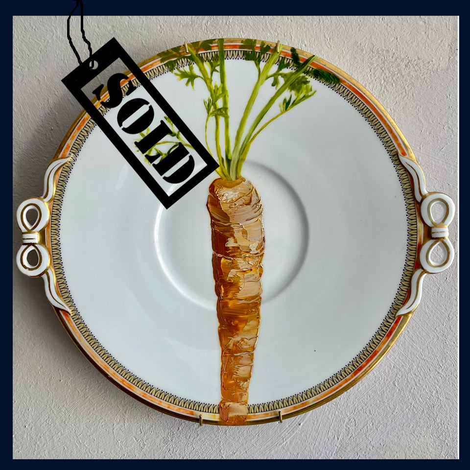 SOLD Plated: original fine art oil painting on an antique cake plate - carrot