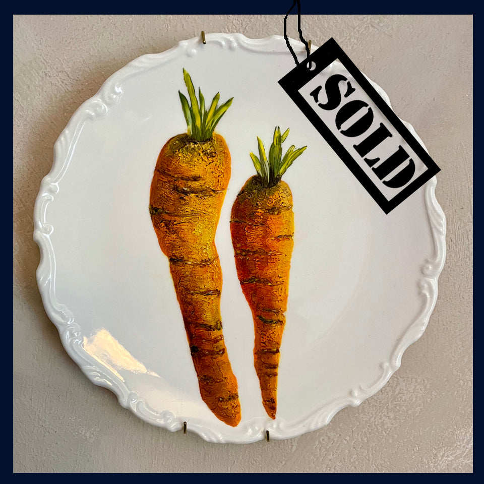 SOLD Plated: original fine art oil painting on a vintage cake plate - 2 carrots