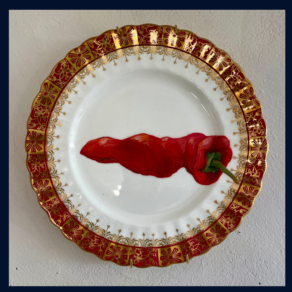 Plated: original fine art oil painting on a vintage tea plate - chilli