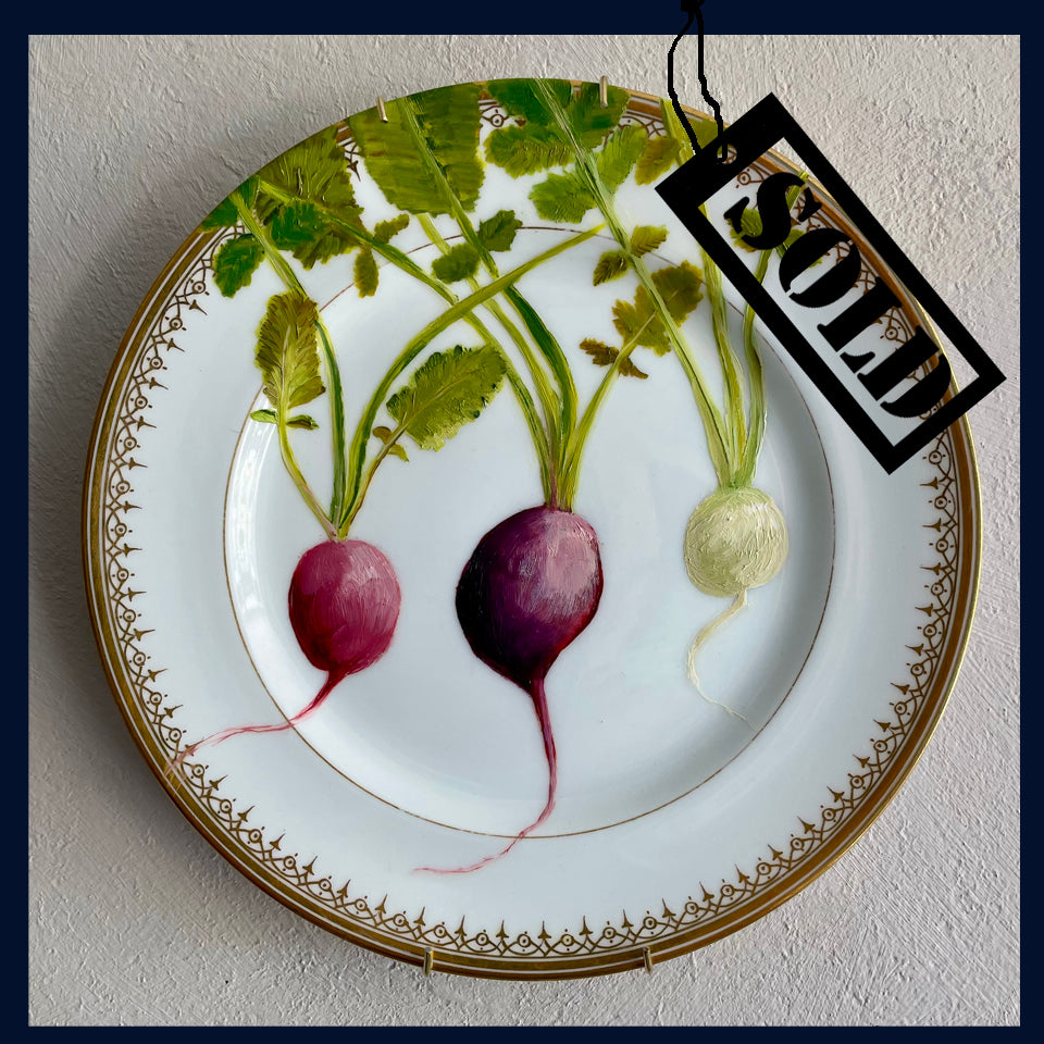 SOLD Plated: original fine art oil painting on an antique plate - 3 radishes