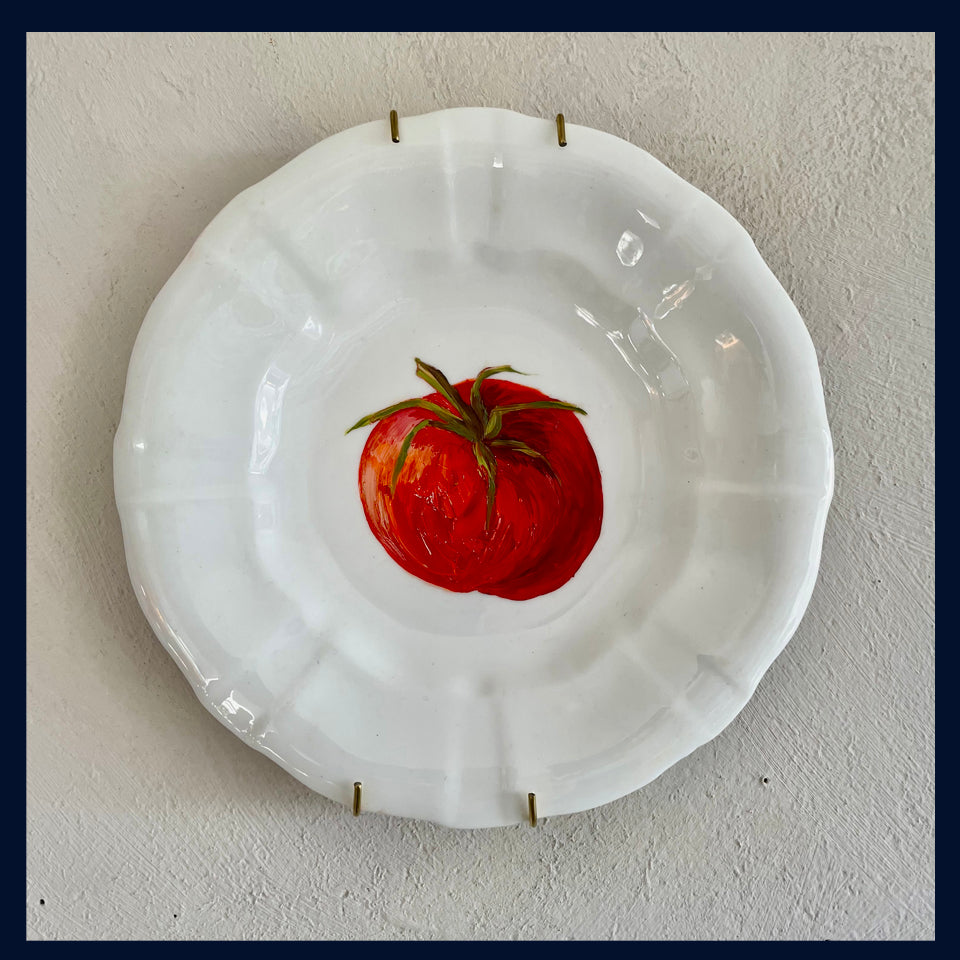 Plated: original fine art oil painting on a vintage tea plate - tomato