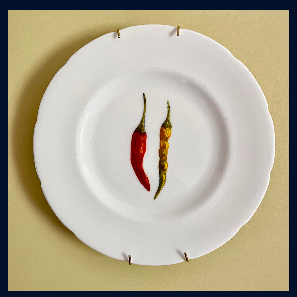 Plated: original fine art oil painting on a vintage tea plate - Two chillies