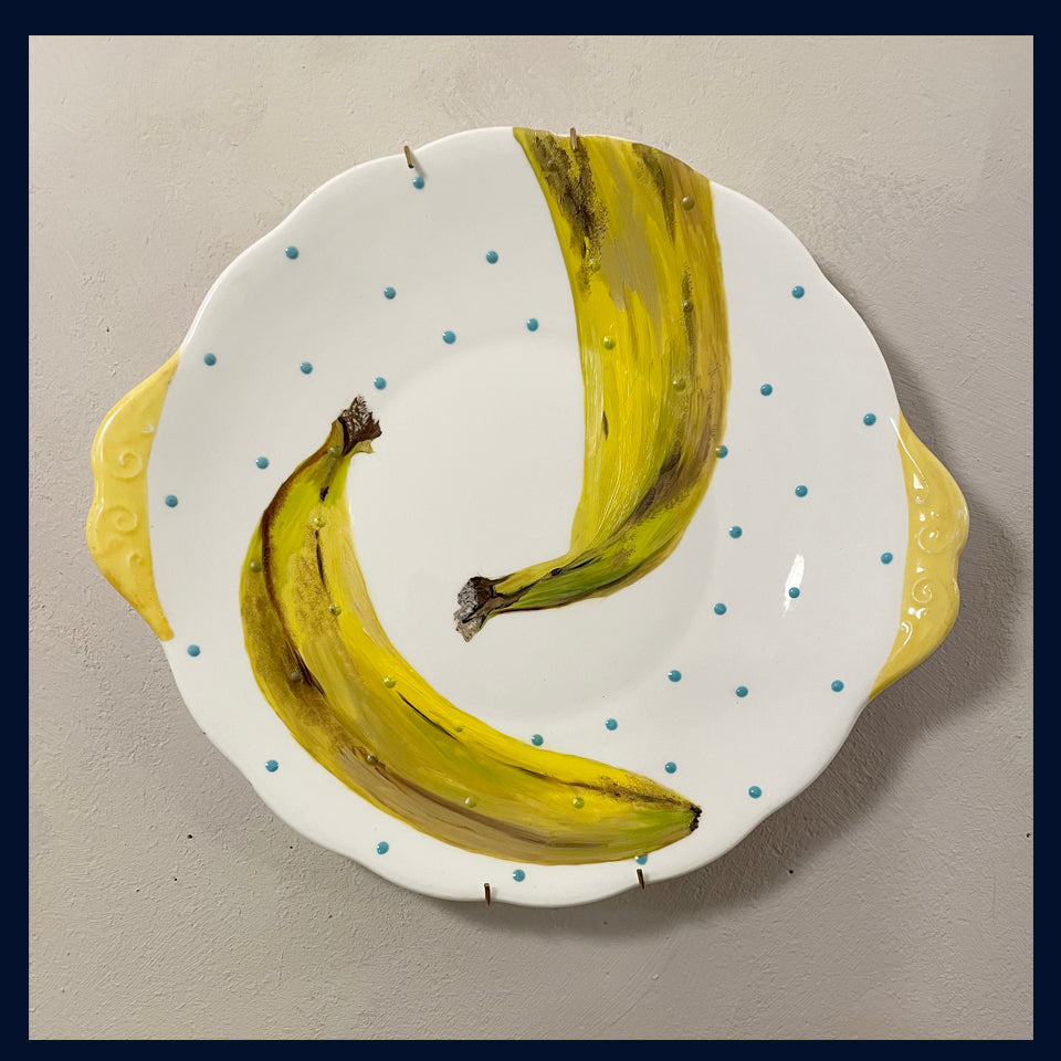 Plated: original fine art oil painting on a vintage side plate - two bananas