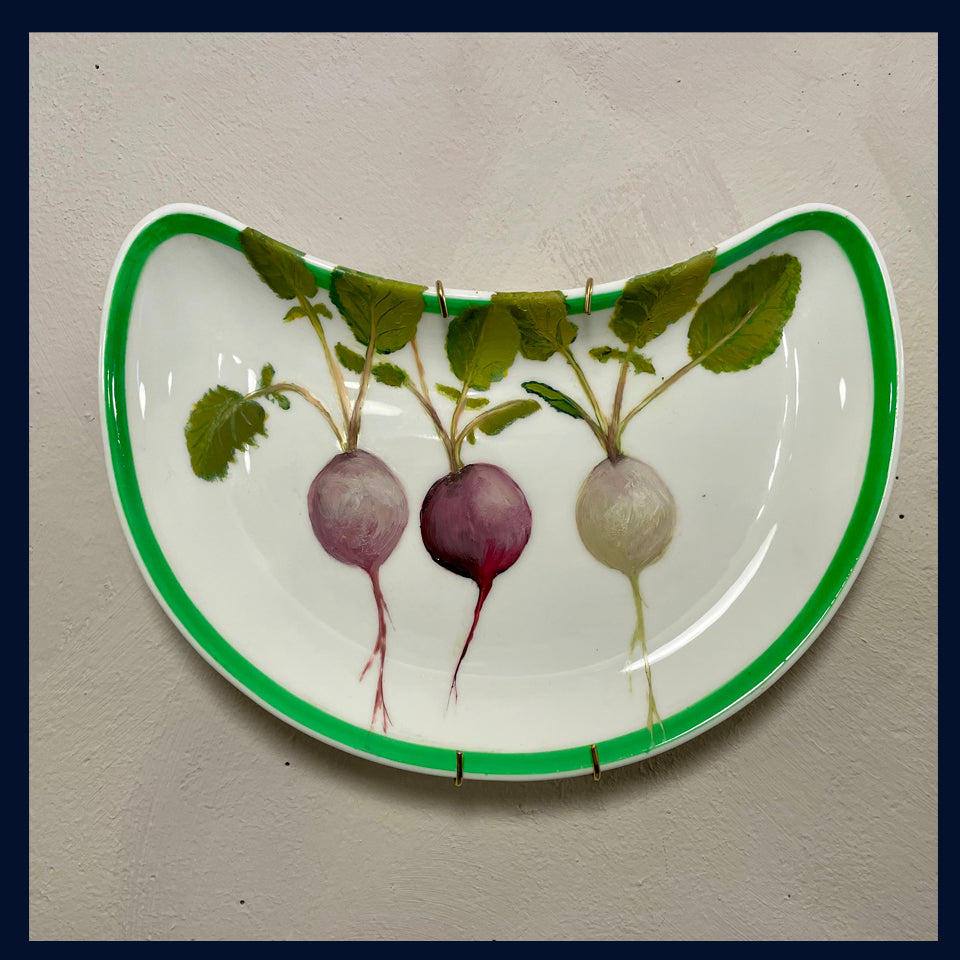 Plated: original fine art oil painting on a vintage side plate - 3 radishes